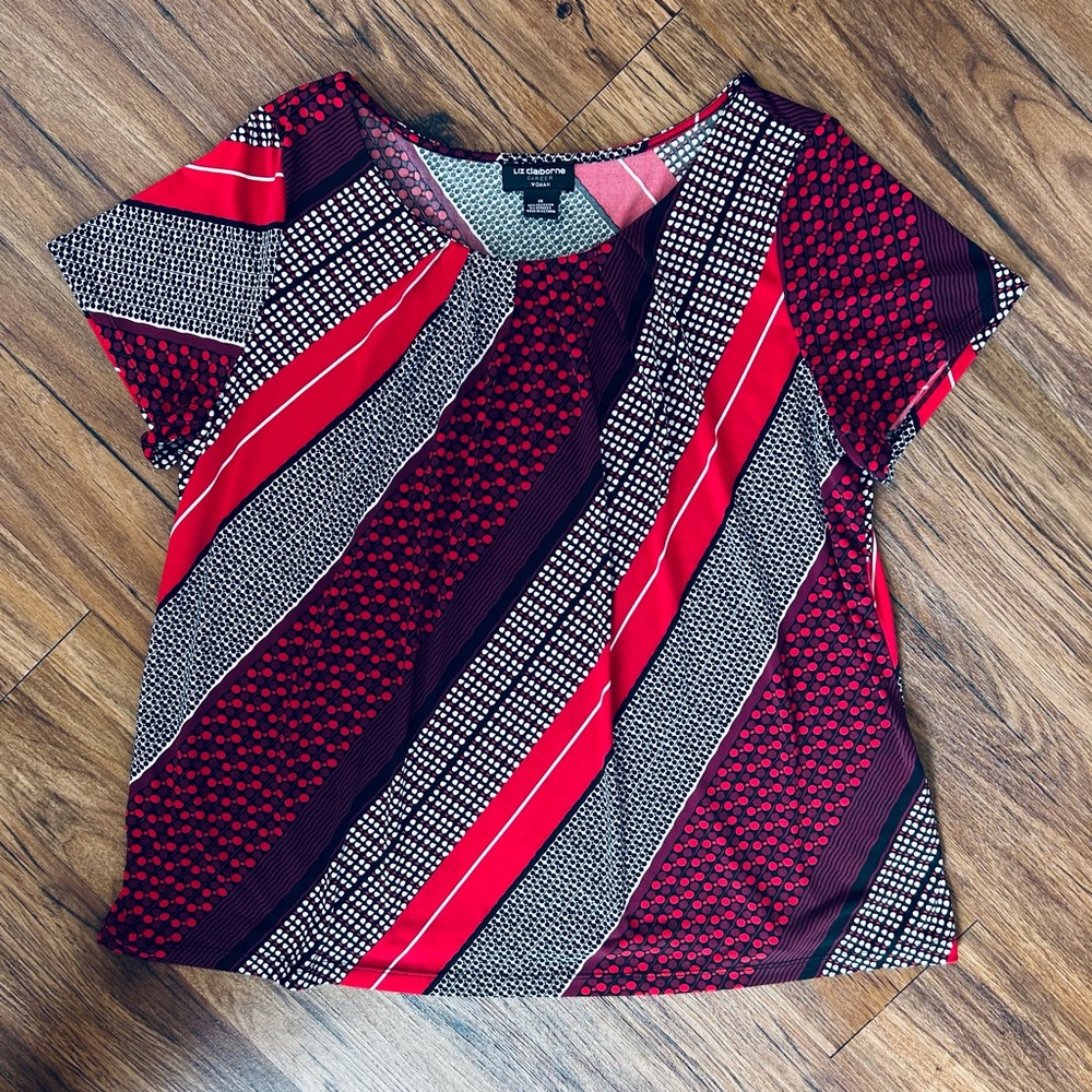 Liz Claiborne Womens Crew Neck Short Sleeve Satin Blouse